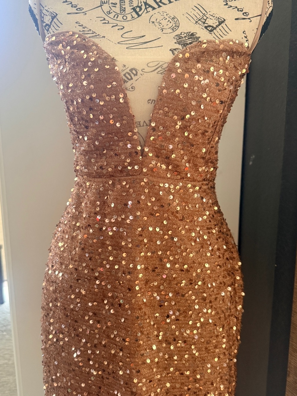 Sequin Plunge Neck Women’s Dress in Copper Blush
